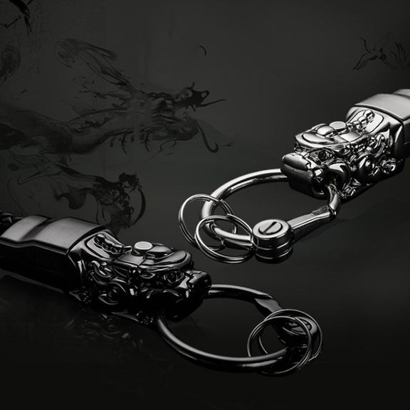 Braided Leather Rope Brave Troops Keychain With LED Light Metal Pendant(White+Gray Rope)