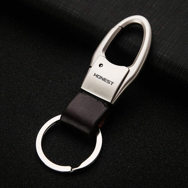 HONEST Leather Car Keychain Simple Circle Ring Pendant Keychain(Silver)
