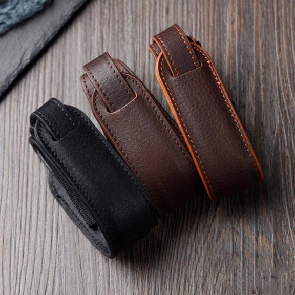 Outdoor Photography Cowhide Leather Camera Shoulder Hanging Neck Winding Strap, Spec: Top-layer (Black)