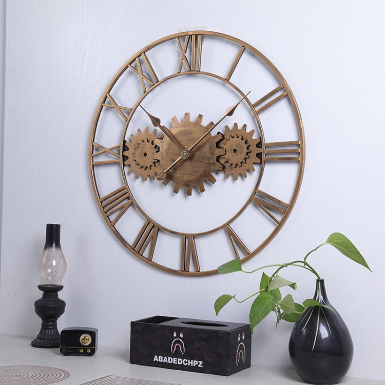 60cm Vintage Iron Round Gear Wall Clock Silent Large Art Clock(Gold+Gold Needle)