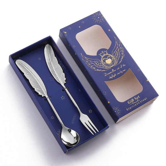 304 Stainless Steel Feather Spoon Fork Literary Tableware,Style: 2 In 1 True Color- Blue Box