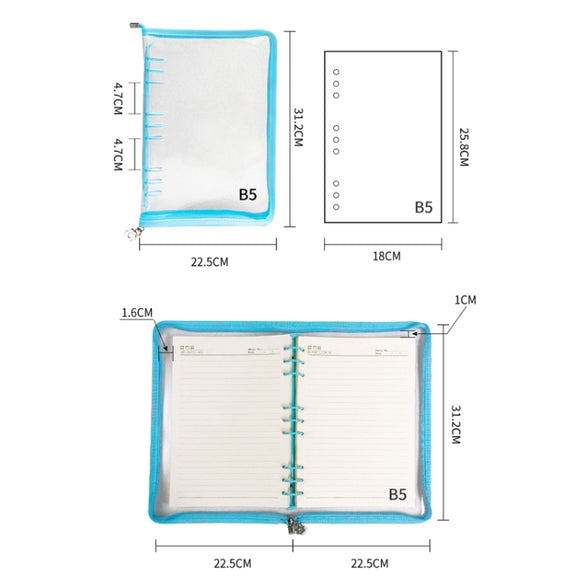 B5 9 Rings Loose-leaf Journal Clear PVC Cover Zipper Planner Notebook Without Inner Pages(Purple)