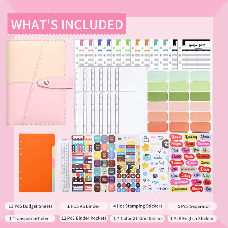 A6 YMX-012 PU Leather Budget Binder Notebook Macaron Color Matching Handbook(Khaki+Pink)