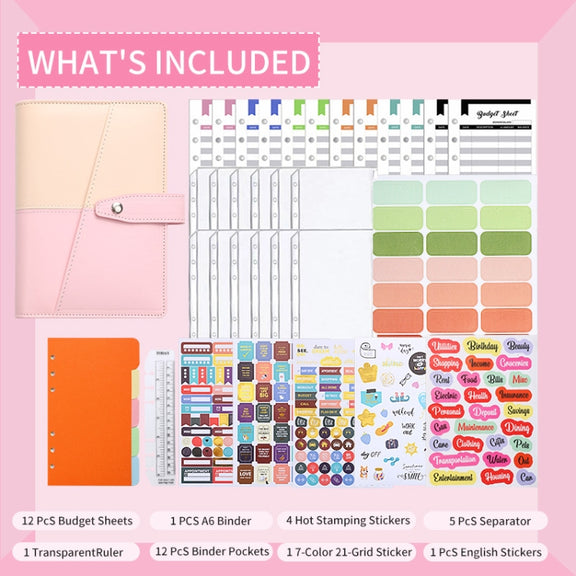 A6 YMX-012 PU Leather Budget Binder Notebook Macaron Color Matching Handbook(Khaki+Pink)