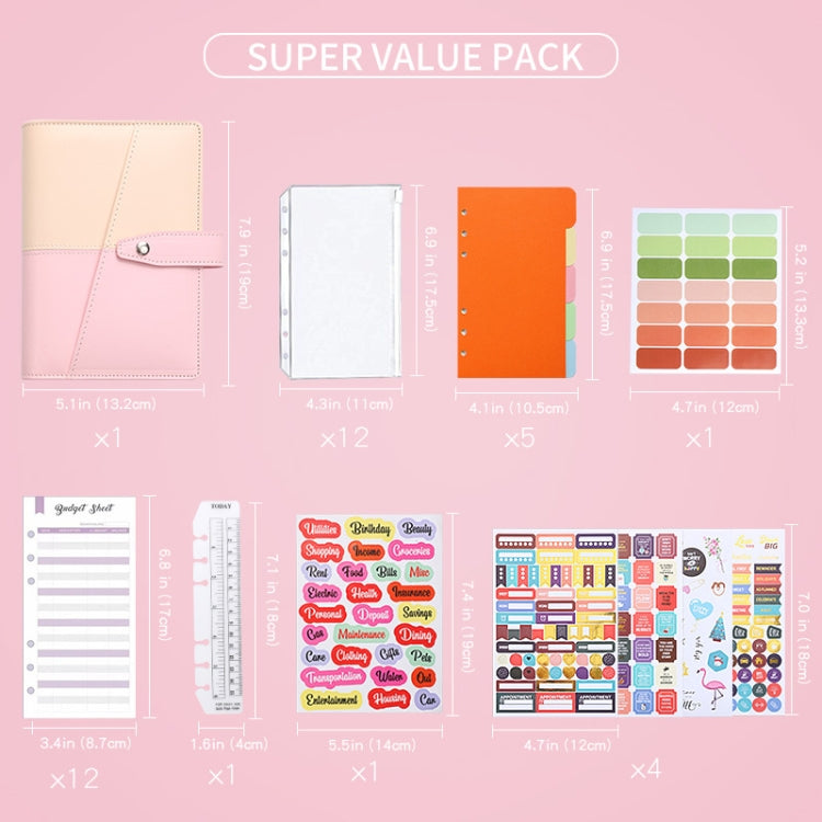 A6 YMX-012 PU Leather Budget Binder Notebook Macaron Color Matching Handbook(Khaki+Pink)