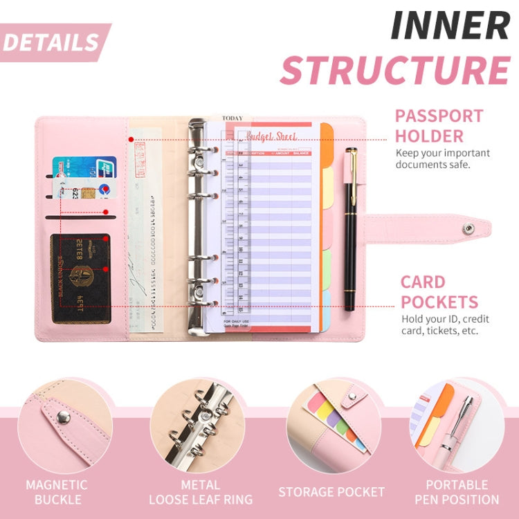 A6 YMX-012 PU Leather Budget Binder Notebook Macaron Color Matching Handbook(Khaki+Pink)