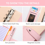 A6 YMX-012 PU Leather Budget Binder Notebook Macaron Color Matching Handbook(Khaki+Pink)