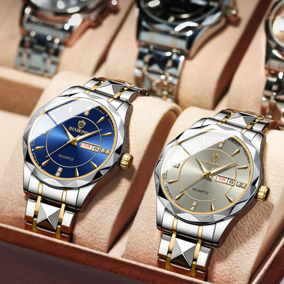 BINBOND B5552 Luminous Multifunctional Business Calendar Quartz Watch(Inter-gold-Gray)