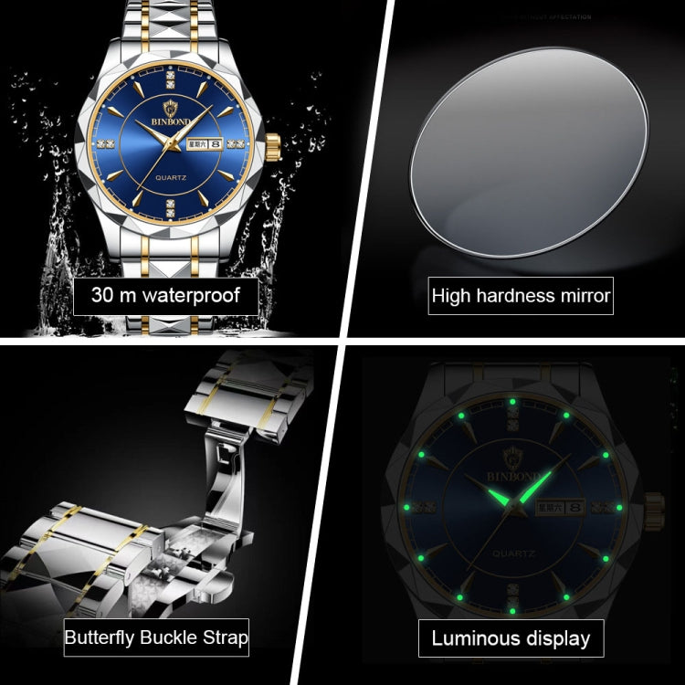 BINBOND B5552 Luminous Multifunctional Business Calendar Quartz Watch(Inter-gold-Black)