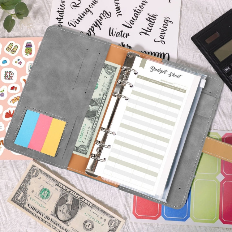 H666 A6 Loose-leaf Binder Cash Budget Handbook Vintage PU Leather Notebook with Window(Light Gray)