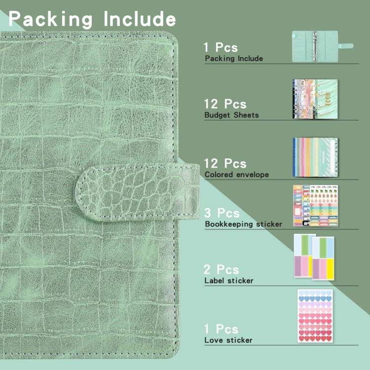 A6 Crocodile Pattern PU Leather Loose-Leaf Binder Budget Notebook Cash Envelope Organizer(Glaze Blue)