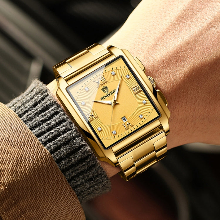 BINBOND B4143 Rectangular Outdoor Men Water-resistant Quartz Watches(Brown Leather-Full Gold)