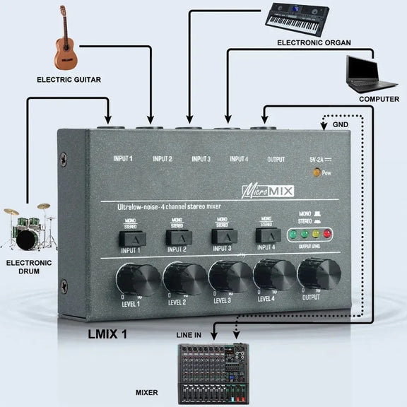 4 Way mixer With Single Channel Stereo Switching Mini Signal Hybrid Small Audio
