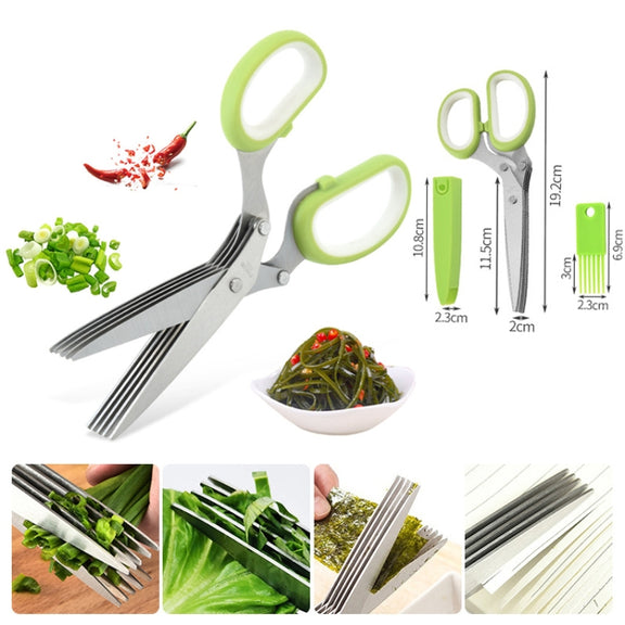 Five-Layer Vegetable Scissors Office Shredding Stainless Steel Scissors(Green Gray)
