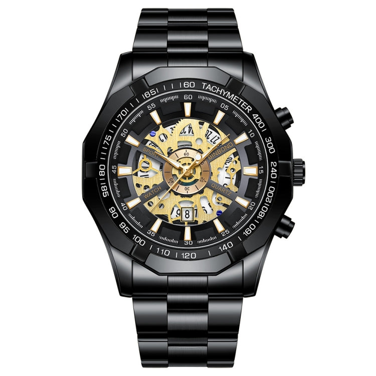 BINBOND S033 Hollowed Mechanical 30m Water-resistant Luminous Quartz Watch, Color: Black Steel-Black-Gold