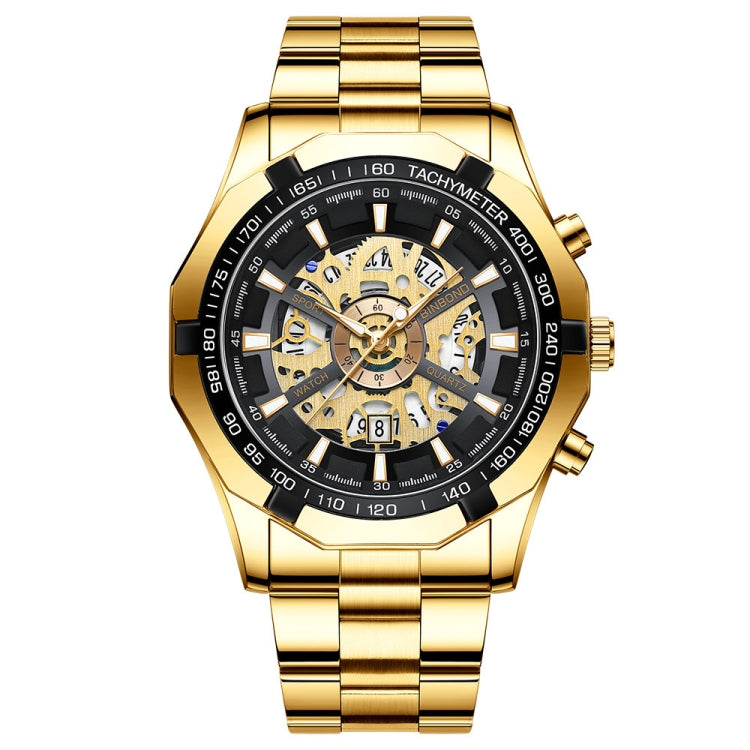 BINBOND S033 Hollowed Mechanical 30m Water-resistant Luminous Quartz Watch, Color: Full Gold-Black-Gold