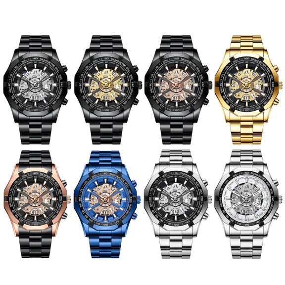 BINBOND S033 Hollowed Mechanical 30m Water-resistant Luminous Quartz Watch, Color: Full Gold-Black-Gold