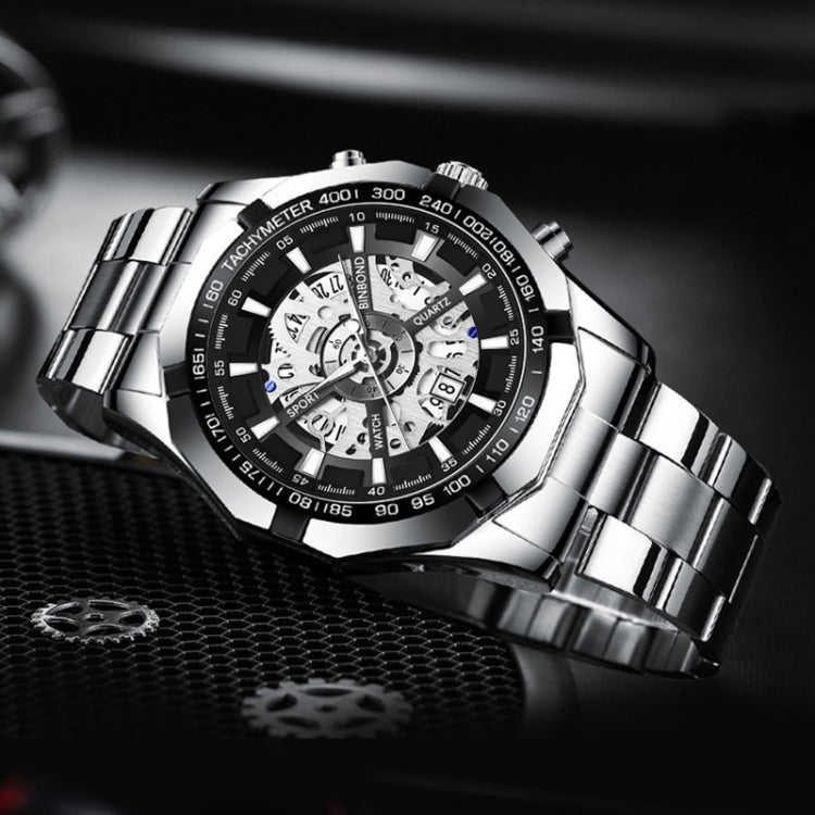 BINBOND S033 Hollowed Mechanical 30m Water-resistant Luminous Quartz Watch, Color: Full Gold-Black-Gold