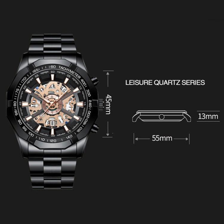 BINBOND S033 Hollowed Mechanical 30m Water-resistant Luminous Quartz Watch, Color: Blue Steel-Blue