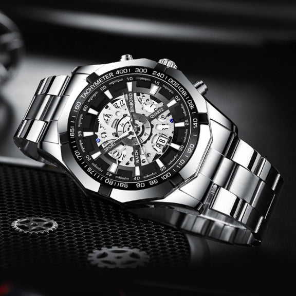 BINBOND S033 Hollowed Mechanical 30m Water-resistant Luminous Quartz Watch, Color: Blue Steel-Blue