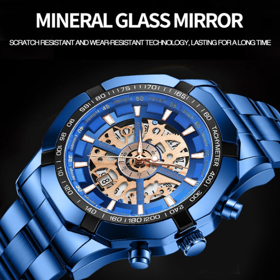BINBOND S033 Hollowed Mechanical 30m Water-resistant Luminous Quartz Watch, Color: Blue Steel-Blue
