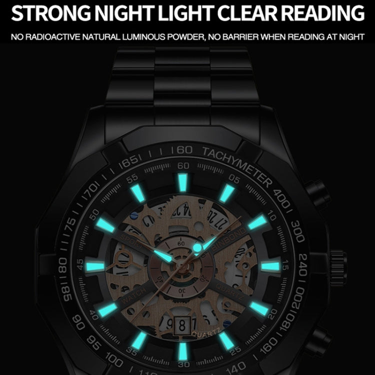 BINBOND S033 Hollowed Mechanical 30m Water-resistant Luminous Quartz Watch, Color: Blue Steel-Blue
