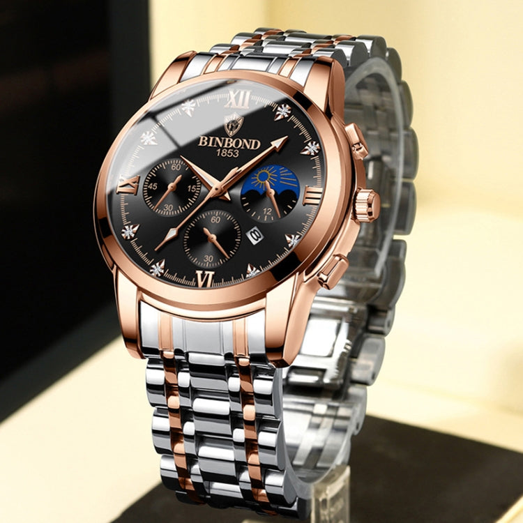 BINBOND B3591 30m Water-resistant Luminous Calendar Men Watch, Color: Black Leather-White-Black
