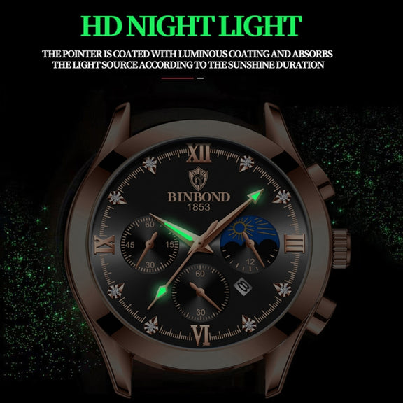 BINBOND B3591 30m Water-resistant Luminous Calendar Men Watch, Color: Black Leather-White-Black