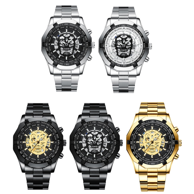 BINBOND S034 30M Water-resistant Quartz Watch Skull Skeleton Luminous Watch(White Steel White)