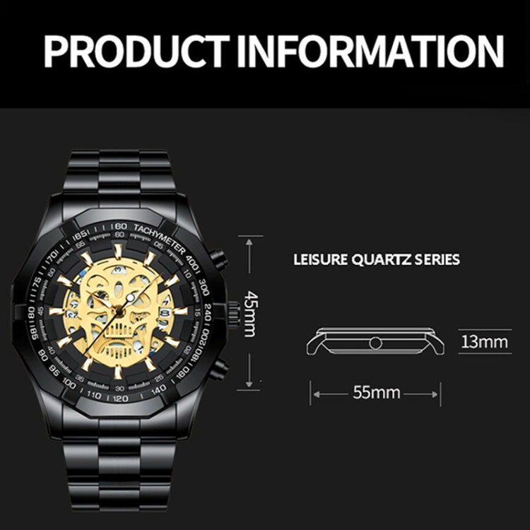 BINBOND S034 30M Water-resistant Quartz Watch Skull Skeleton Luminous Watch(Black Steel Black Gold Nail)
