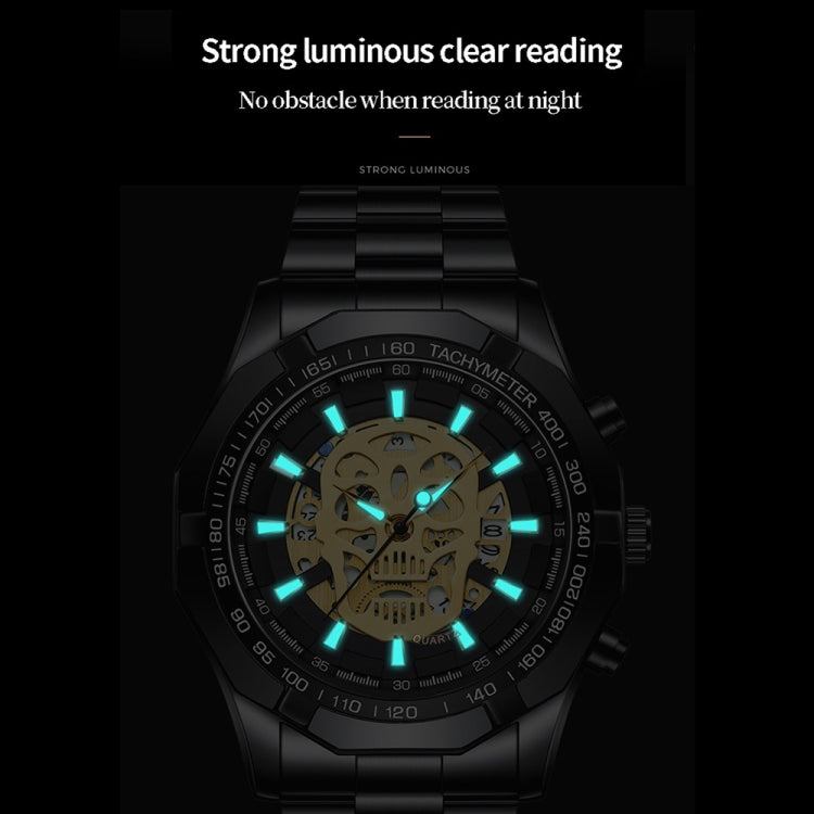 BINBOND S034 30M Water-resistant Quartz Watch Skull Skeleton Luminous Watch(White Steel Black)