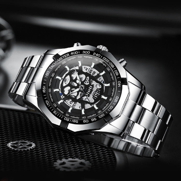 BINBOND S034 30M Water-resistant Quartz Watch Skull Skeleton Luminous Watch(Black Steel Black Gold Nail)