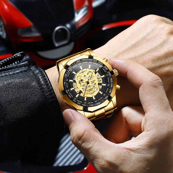BINBOND S034 30M Water-resistant Quartz Watch Skull Skeleton Luminous Watch(White Steel Black)