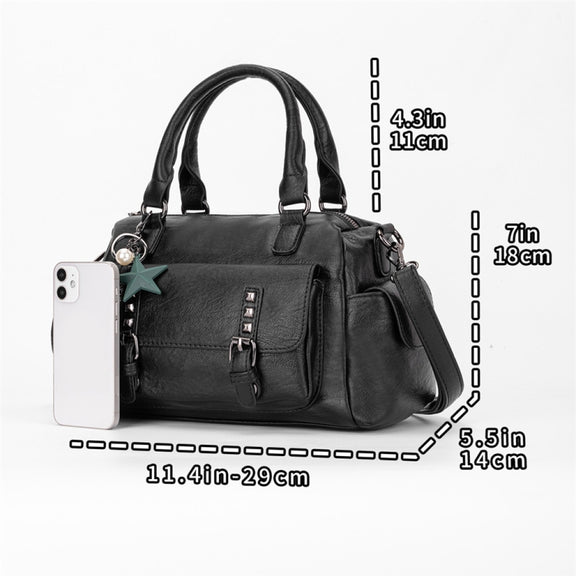 048 Pebbled Leather Multi-compartment Handbag Large Capacity Crossbody Shoulder Bag(Black)