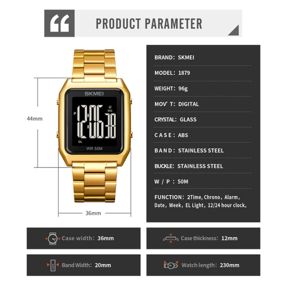 SKMEI 1879 Square Large Screen Men Steel Belt Multi-function EL Luminous Watch, Color: Rose Gold