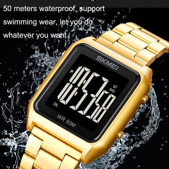 SKMEI 1879 Square Large Screen Men Steel Belt Multi-function EL Luminous Watch, Color: Gold