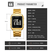 SKMEI 1879 Square Large Screen Men Steel Belt Multi-function EL Luminous Watch, Color: Gold