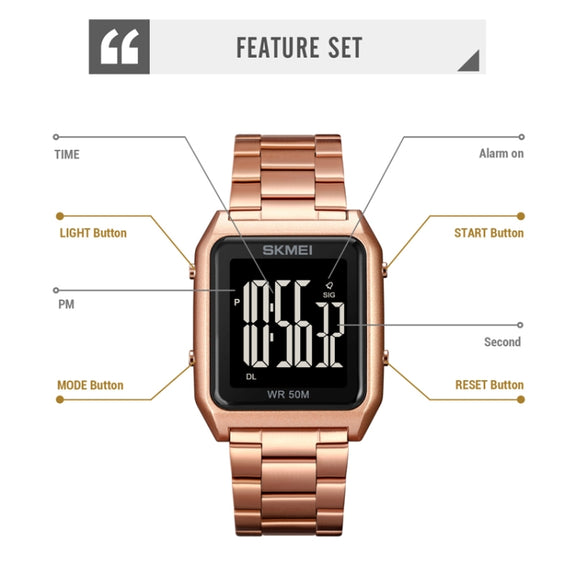 SKMEI 1879 Square Large Screen Men Steel Belt Multi-function EL Luminous Watch, Color: Black Black Machine