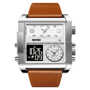 SKMEI 2020 Square Large Dial Triple Movement Men Sports Watch(Silver Shell Brown Belt Black Machine)