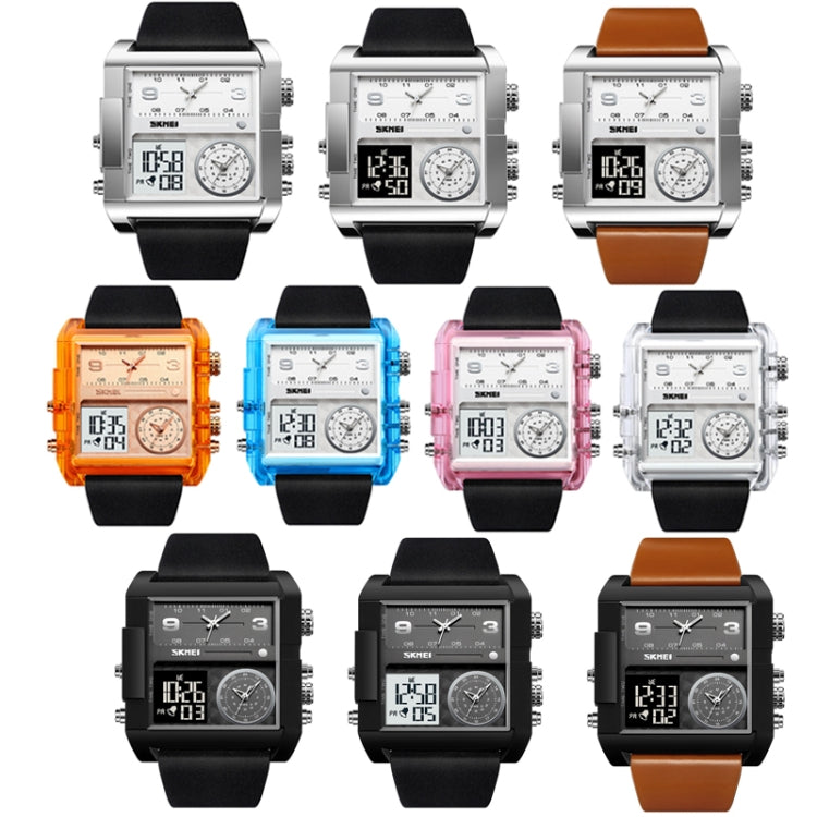 SKMEI 2020 Square Large Dial Triple Movement Men Sports Watch(Silver Shell Brown Belt Black Machine)