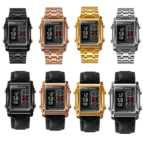 SKMEI 1868 Square Double Display Water-resistant Men Watch, Style: Leather Belt (Black)