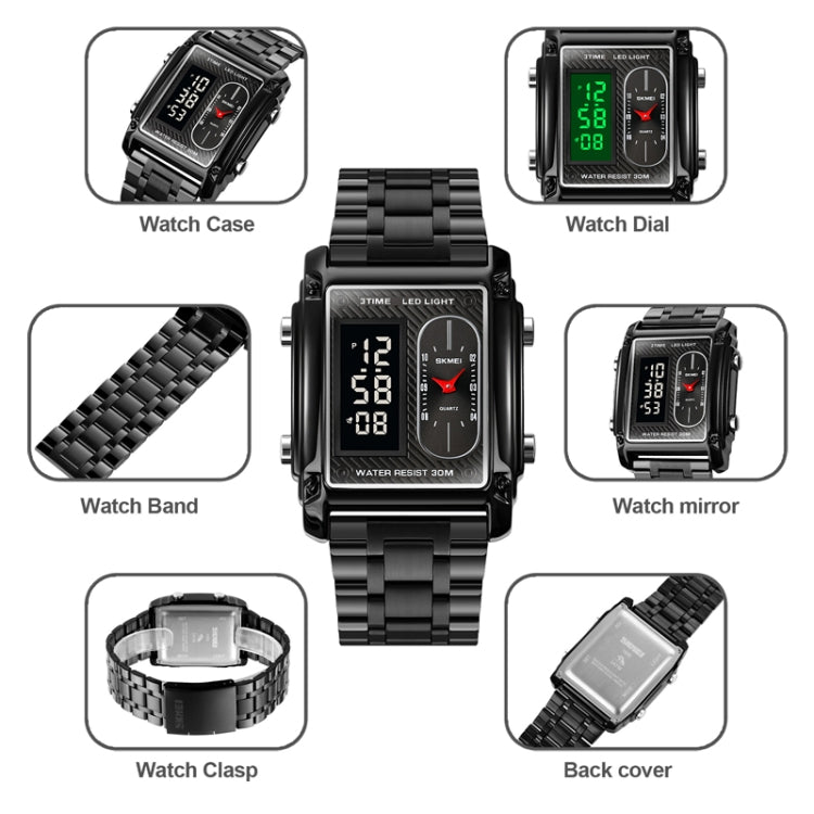 SKMEI 1868 Square Double Display Water-resistant Men Watch, Style: Leather Belt (Black)