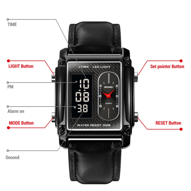 SKMEI 1868 Square Double Display Water-resistant Men Watch, Style: Leather Belt (Black)