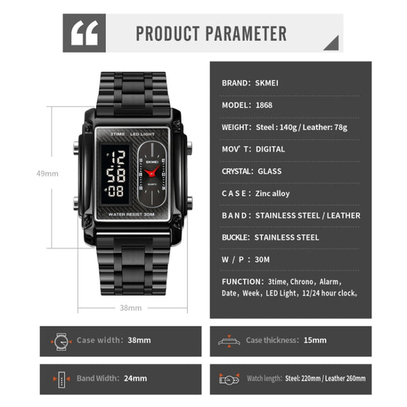 SKMEI 1868 Square Double Display Water-resistant Men Watch, Style: Leather Belt (Black)