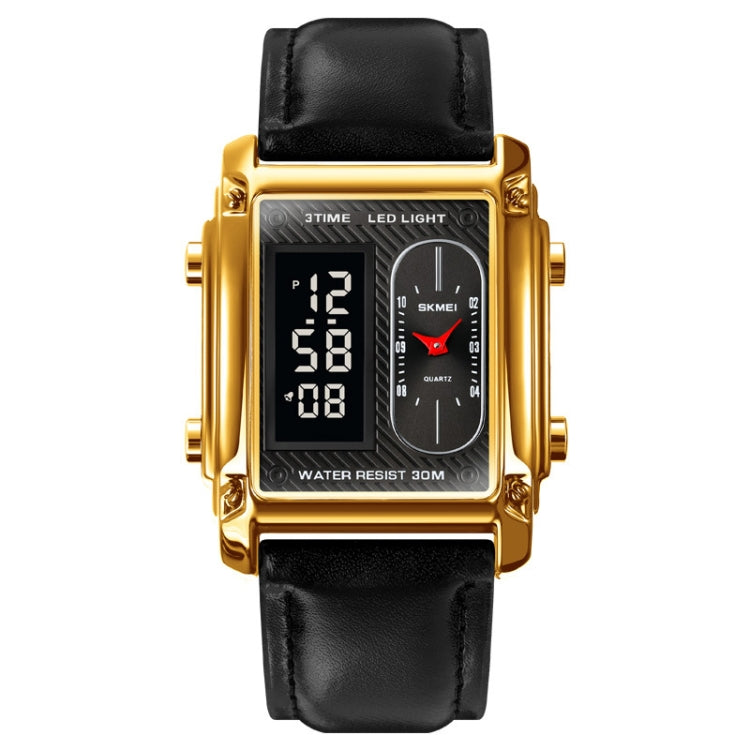 SKMEI 1868 Square Double Display Water-resistant Men Watch, Style: Leather Belt (Gold)