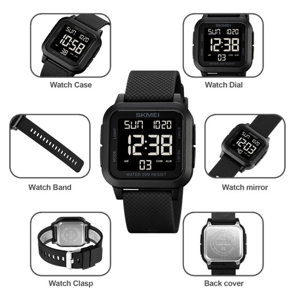 SKMEI 1894 Square Sports Water-resistant Student Simple Multifunctional Luminous Watch(Black White Machine)