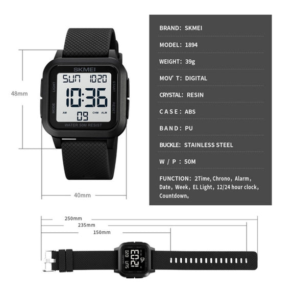 SKMEI 1894 Square Sports Water-resistant Student Simple Multifunctional Luminous Watch(Blue Black Machine)