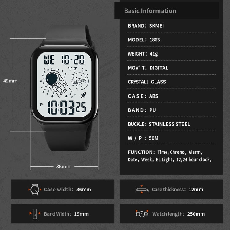SKMEI 1863 Multifunctional Astronaut Student Digital Sports Square Watch(Black White Machine)