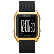 SKMEI 1866 Square Large Screen Men Steel Belt Multi-function Night Light Alarm Clock Watch(Gold Black Machine)