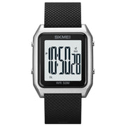 SKMEI 1866 Square Large Screen Men Steel Belt Multi-function Night Light Alarm Clock Watch(Silver White Machine)